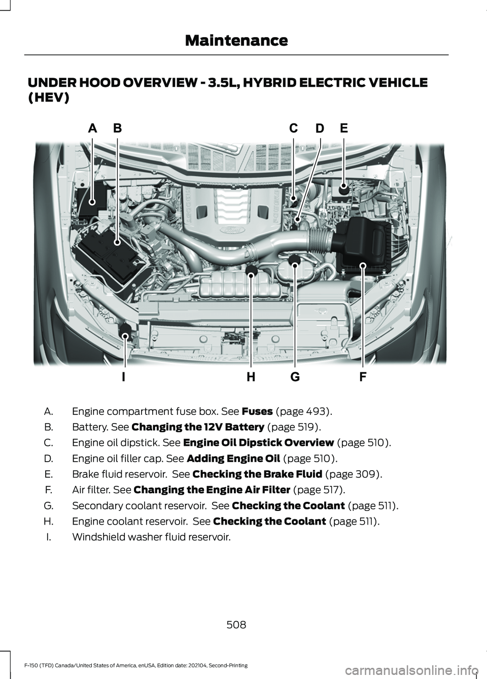 FORD F-150 2021  Owners Manual UNDER HOOD OVERVIEW - 3.5L, HYBRID ELECTRIC VEHICLE
(HEV)
Engine compartment fuse box. See Fuses (page 493).
A.
Battery.
 See Changing the 12V Battery (page 519).
B.
Engine oil dipstick.
 See Engine O