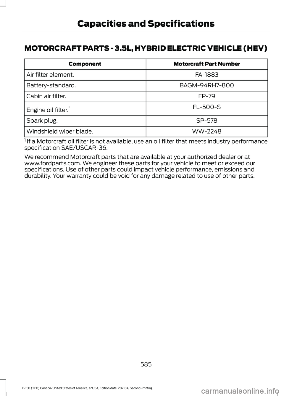 FORD F-150 2021  Owners Manual MOTORCRAFT PARTS - 3.5L, HYBRID ELECTRIC VEHICLE (HEV)
Motorcraft Part Number
Component
FA-1883
Air filter element.
BAGM-94RH7-800
Battery-standard.
FP-79
Cabin air filter.
FL-500-S
Engine oil filter.