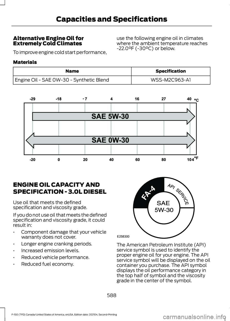 FORD F-150 2021 Owners Manual Alternative Engine Oil for
Extremely Cold Climates
To improve engine cold start performance,
use the following engine oil in climates
where the ambient temperature reaches
-22.0°F (-30°C) or below.
FORD F-150 2021 Owners Manual Alternative Engine Oil for
Extremely Cold Climates
To improve engine cold start performance,
use the following engine oil in climates
where the ambient temperature reaches
-22.0°F (-30°C) or below.