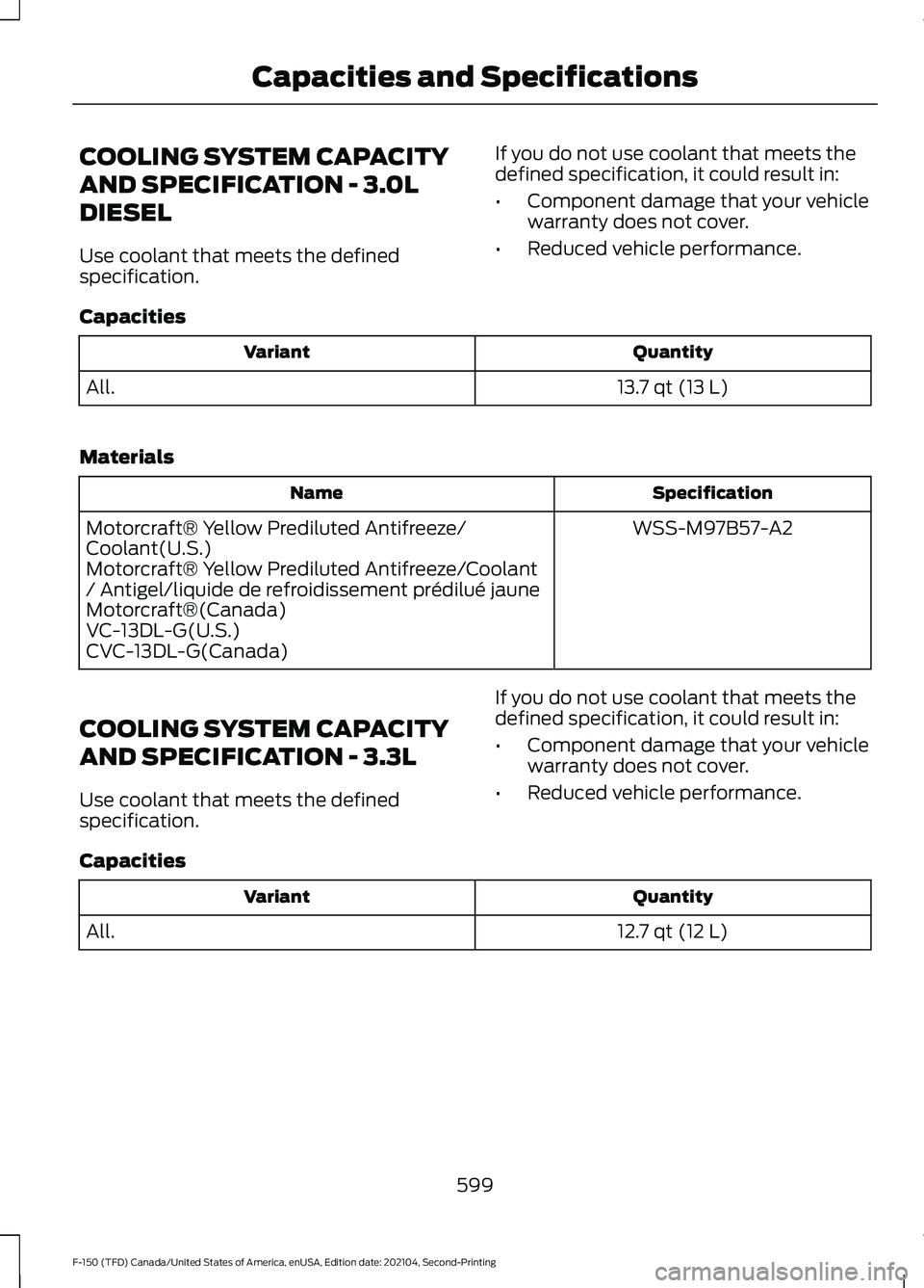 FORD F-150 2021 Owners Manual COOLING SYSTEM CAPACITY
AND SPECIFICATION - 3.0L
DIESEL
Use coolant that meets the defined
specification.
If you do not use coolant that meets the
defined specification, it could result in:
•
Compon FORD F-150 2021 Owners Manual COOLING SYSTEM CAPACITY
AND SPECIFICATION - 3.0L
DIESEL
Use coolant that meets the defined
specification.
If you do not use coolant that meets the
defined specification, it could result in:
•
Compon