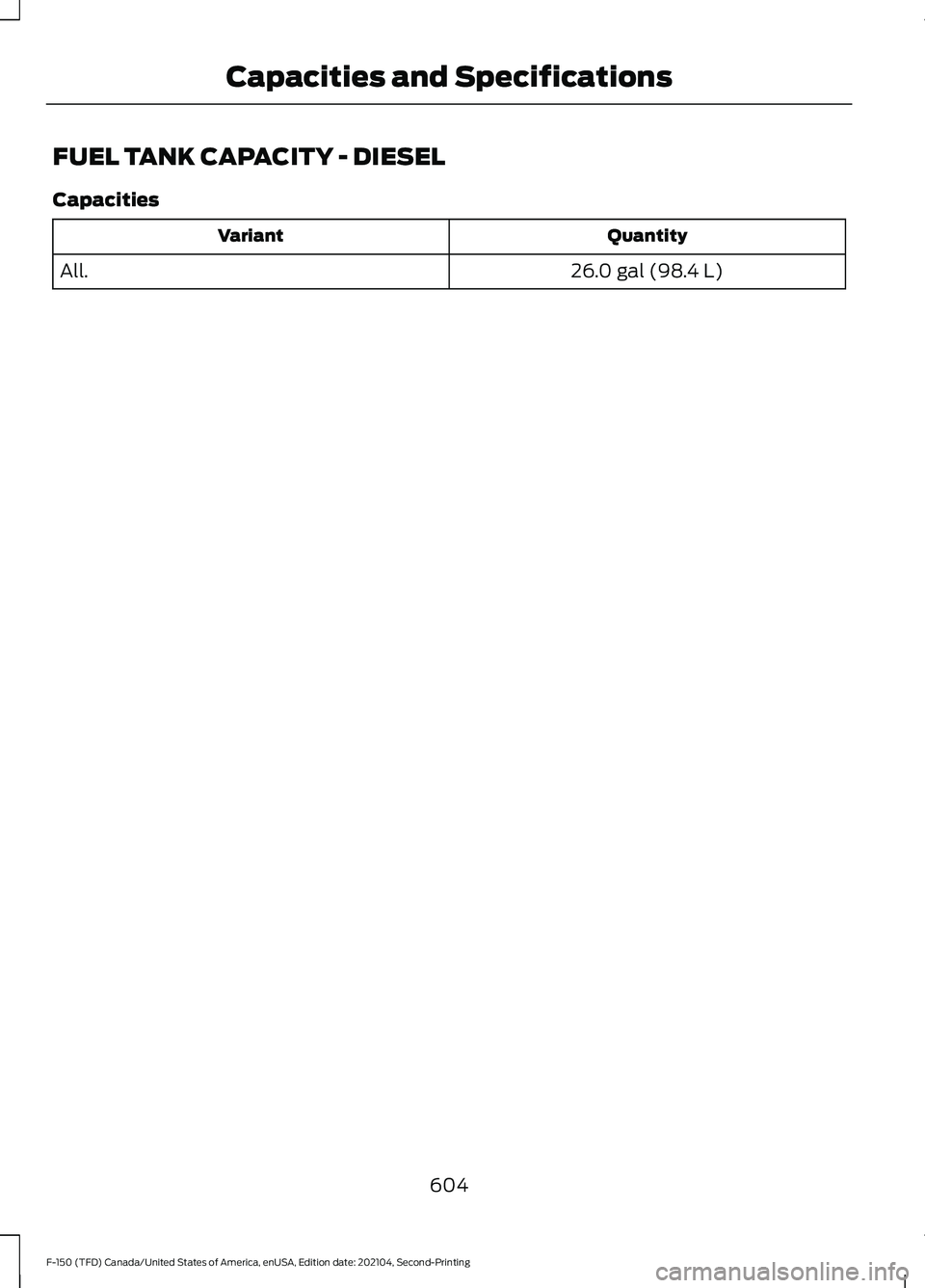 FORD F-150 2021  Owners Manual FUEL TANK CAPACITY - DIESEL
Capacities
Quantity
Variant
26.0 gal (98.4 L)
All.
604
F-150 (TFD) Canada/United States of America, enUSA, Edition date: 202104, Second-Printing Capacities and Specificatio