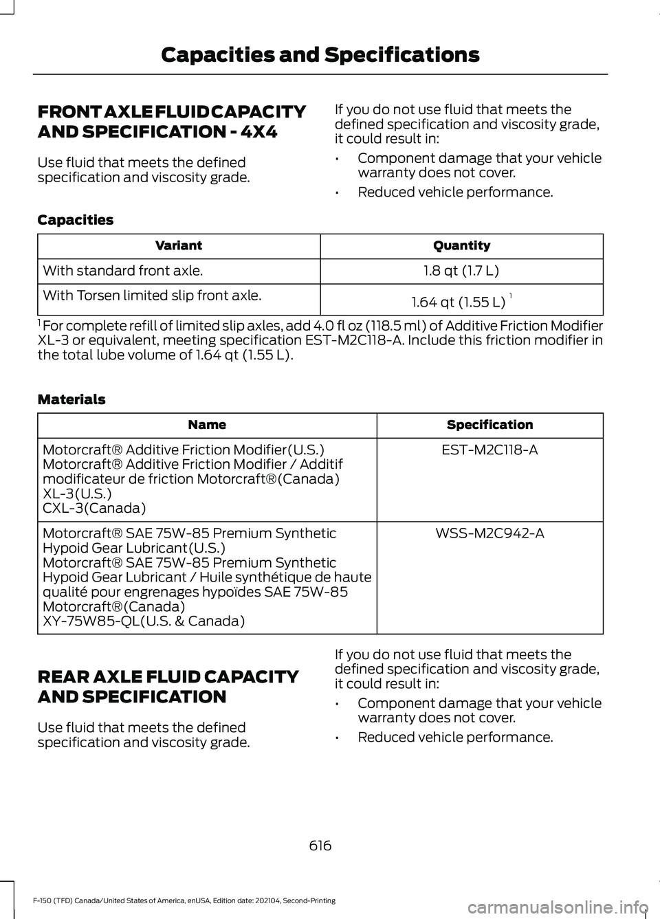 FORD F-150 2021 Owners Manual FRONT AXLE FLUID CAPACITY
AND SPECIFICATION - 4X4
Use fluid that meets the defined
specification and viscosity grade.
If you do not use fluid that meets the
defined specification and viscosity grade,
FORD F-150 2021 Owners Manual FRONT AXLE FLUID CAPACITY
AND SPECIFICATION - 4X4
Use fluid that meets the defined
specification and viscosity grade.
If you do not use fluid that meets the
defined specification and viscosity grade,