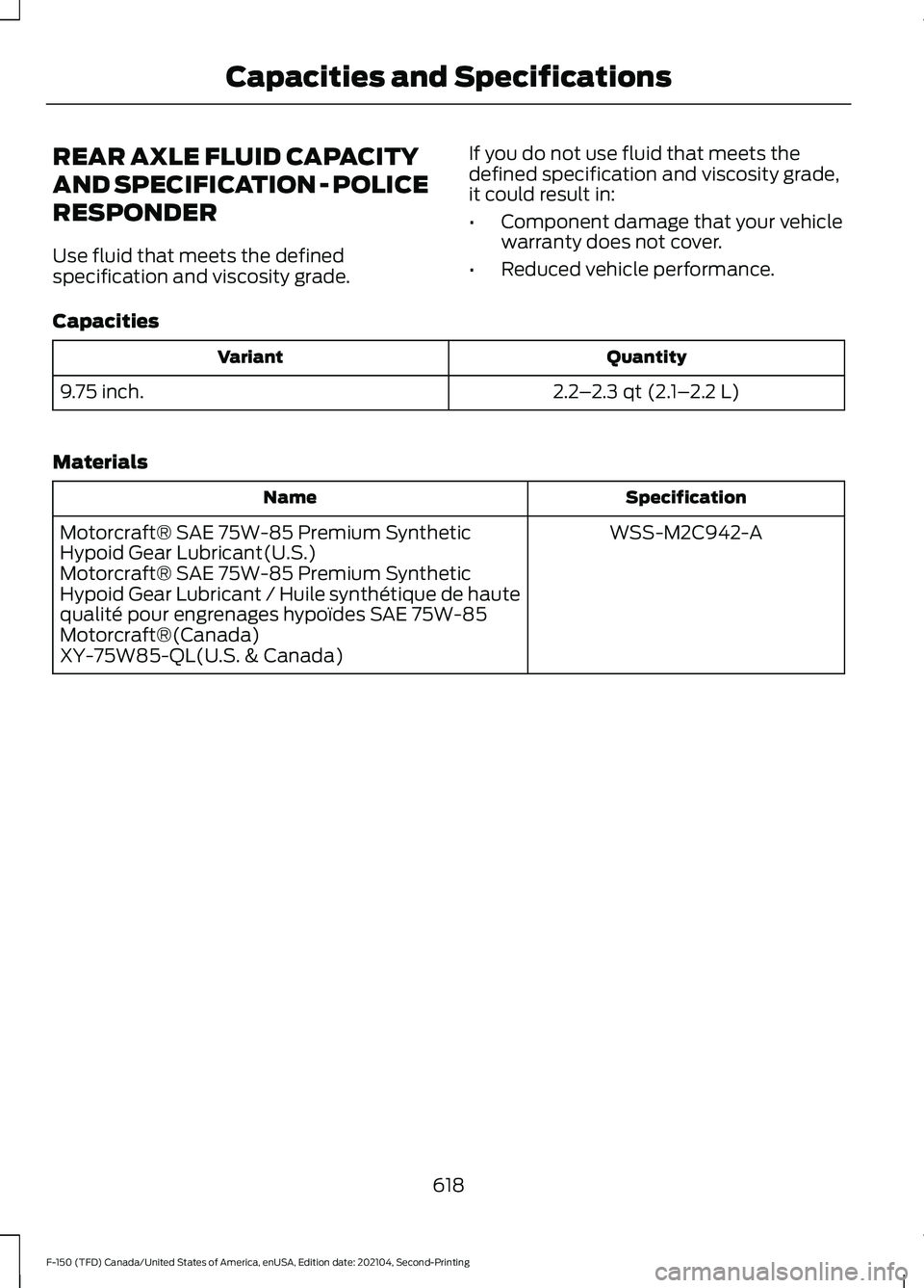 FORD F-150 2021 Owners Manual REAR AXLE FLUID CAPACITY
AND SPECIFICATION - POLICE
RESPONDER
Use fluid that meets the defined
specification and viscosity grade.
If you do not use fluid that meets the
defined specification and visco FORD F-150 2021 Owners Manual REAR AXLE FLUID CAPACITY
AND SPECIFICATION - POLICE
RESPONDER
Use fluid that meets the defined
specification and viscosity grade.
If you do not use fluid that meets the
defined specification and visco