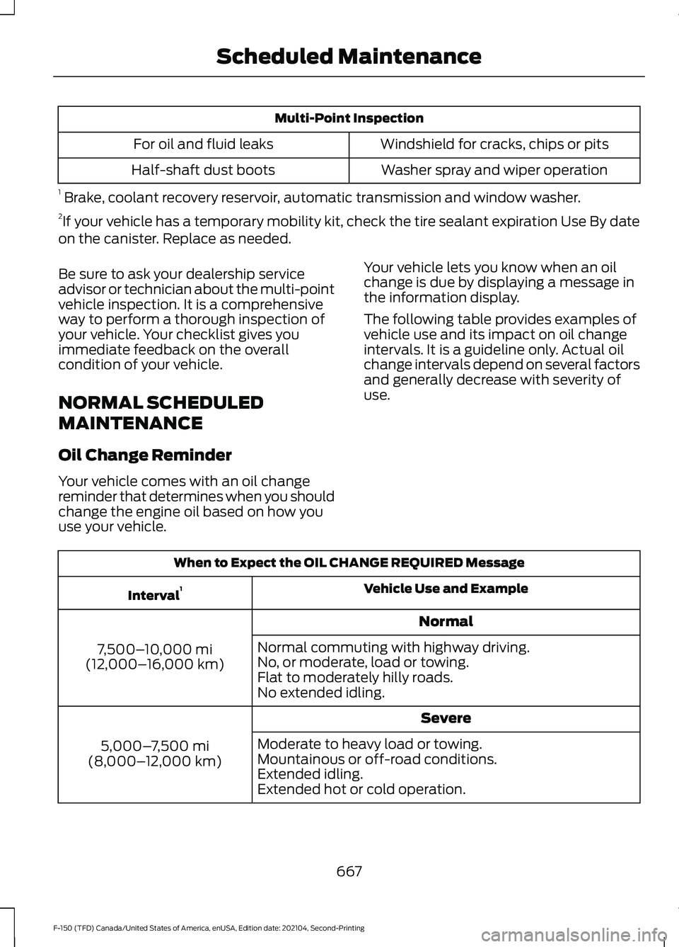 FORD F-150 2021 Owners Manual Multi-Point Inspection
Windshield for cracks, chips or pits
For oil and fluid leaks
Washer spray and wiper operation
Half-shaft dust boots
1 Brake, coolant recovery reservoir, automatic transmission FORD F-150 2021 Owners Manual Multi-Point Inspection
Windshield for cracks, chips or pits
For oil and fluid leaks
Washer spray and wiper operation
Half-shaft dust boots
1 Brake, coolant recovery reservoir, automatic transmission