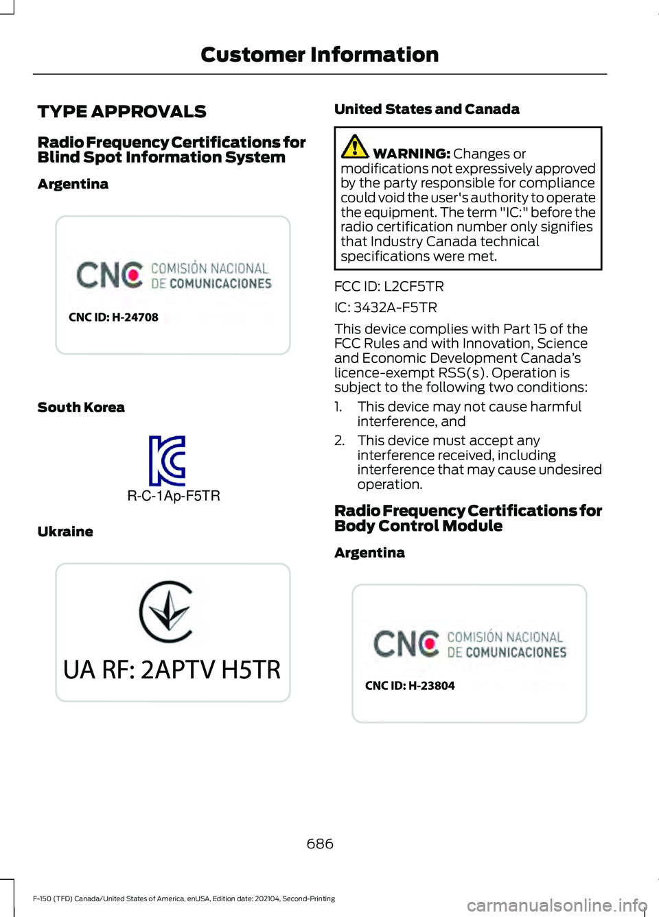 FORD F-150 2021 Owners Manual TYPE APPROVALS
Radio Frequency Certifications for
Blind Spot Information System
Argentina
South Korea
Ukraine United States and Canada
WARNING: Changes or
modifications not expressively approved
by th FORD F-150 2021 Owners Manual TYPE APPROVALS
Radio Frequency Certifications for
Blind Spot Information System
Argentina
South Korea
Ukraine United States and Canada
WARNING: Changes or
modifications not expressively approved
by th