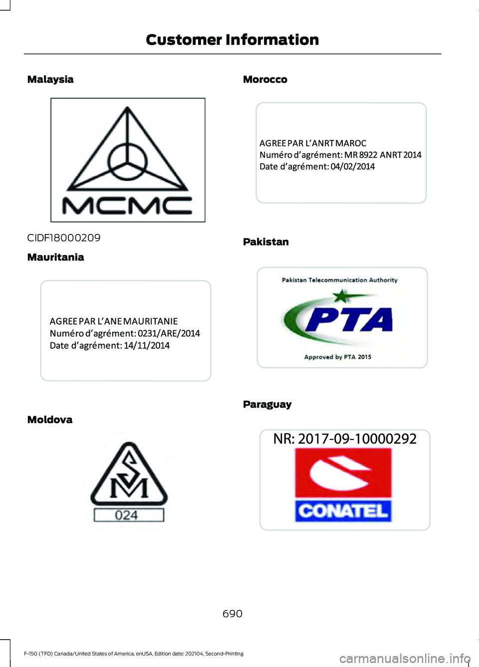 FORD F-150 2021 Owners Manual Malaysia
CIDF18000209
Mauritania
Moldova Morocco
Pakistan
Paraguay
690
F-150 (TFD) Canada/United States of America, enUSA, Edition date: 202104, Second-Printing Customer InformationE339836 E339938 FORD F-150 2021 Owners Manual Malaysia
CIDF18000209
Mauritania
Moldova Morocco
Pakistan
Paraguay
690
F-150 (TFD) Canada/United States of America, enUSA, Edition date: 202104, Second-Printing Customer InformationE339836 E339938
