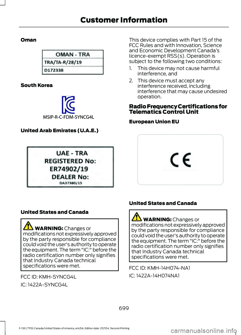 FORD F-150 2021 User Guide Oman
South Korea
United Arab Emirates (U.A.E.)
United States and Canada
WARNING: Changes or
modifications not expressively approved
by the party responsible for compliance
could void the user's au FORD F-150 2021 User Guide Oman
South Korea
United Arab Emirates (U.A.E.)
United States and Canada
WARNING: Changes or
modifications not expressively approved
by the party responsible for compliance
could void the user's au