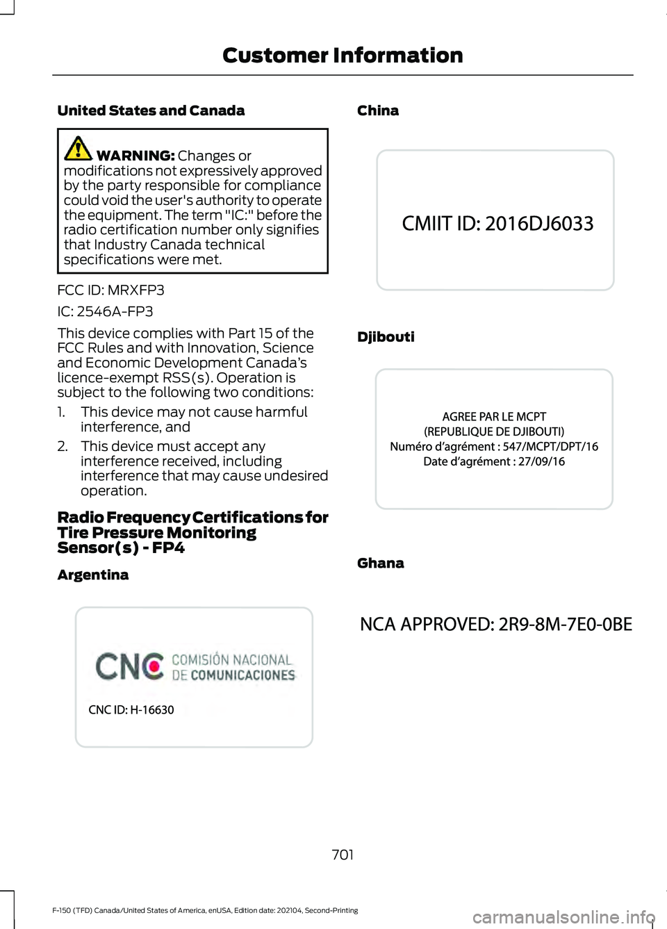 FORD F-150 2021 Owners Manual United States and Canada
WARNING: Changes or
modifications not expressively approved
by the party responsible for compliance
could void the user's authority to operate
the equipment. The term " FORD F-150 2021 Owners Manual United States and Canada
WARNING: Changes or
modifications not expressively approved
by the party responsible for compliance
could void the user's authority to operate
the equipment. The term "