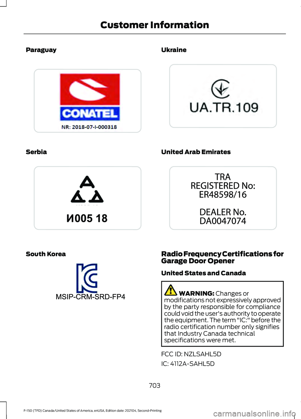 FORD F-150 2021 User Guide Paraguay
Serbia
South Korea Ukraine
United Arab Emirates
Radio Frequency Certifications for
Garage Door Opener
United States and Canada
WARNING: Changes or
modifications not expressively approved
by t FORD F-150 2021 User Guide Paraguay
Serbia
South Korea Ukraine
United Arab Emirates
Radio Frequency Certifications for
Garage Door Opener
United States and Canada
WARNING: Changes or
modifications not expressively approved
by t