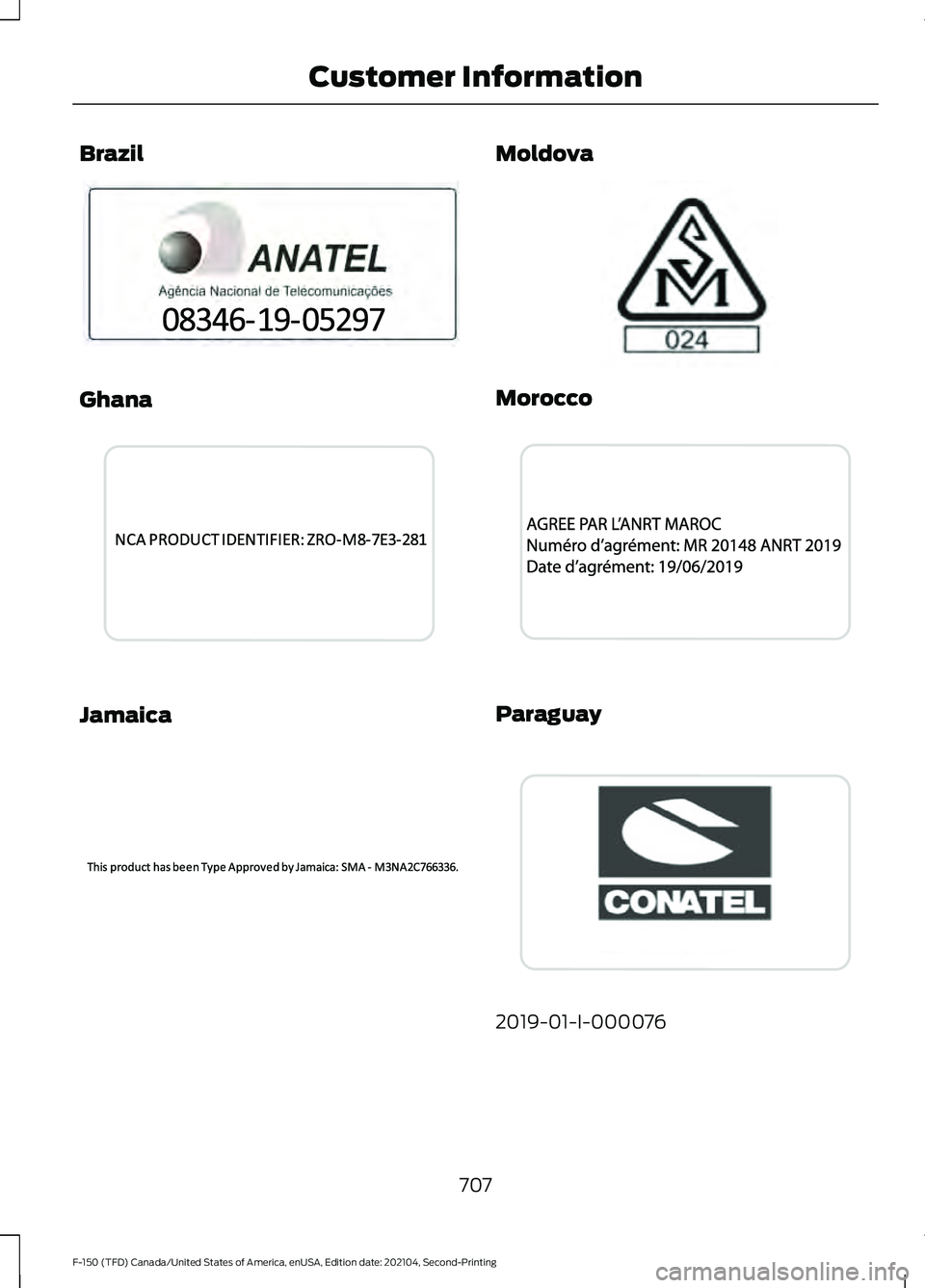 FORD F-150 2021  Owners Manual Brazil
Ghana
Jamaica Moldova
Morocco
Paraguay
2019-01-I-000076
707
F-150 (TFD) Canada/United States of America, enUSA, Edition date: 202104, Second-Printing Customer InformationE340499  E341433  E3405