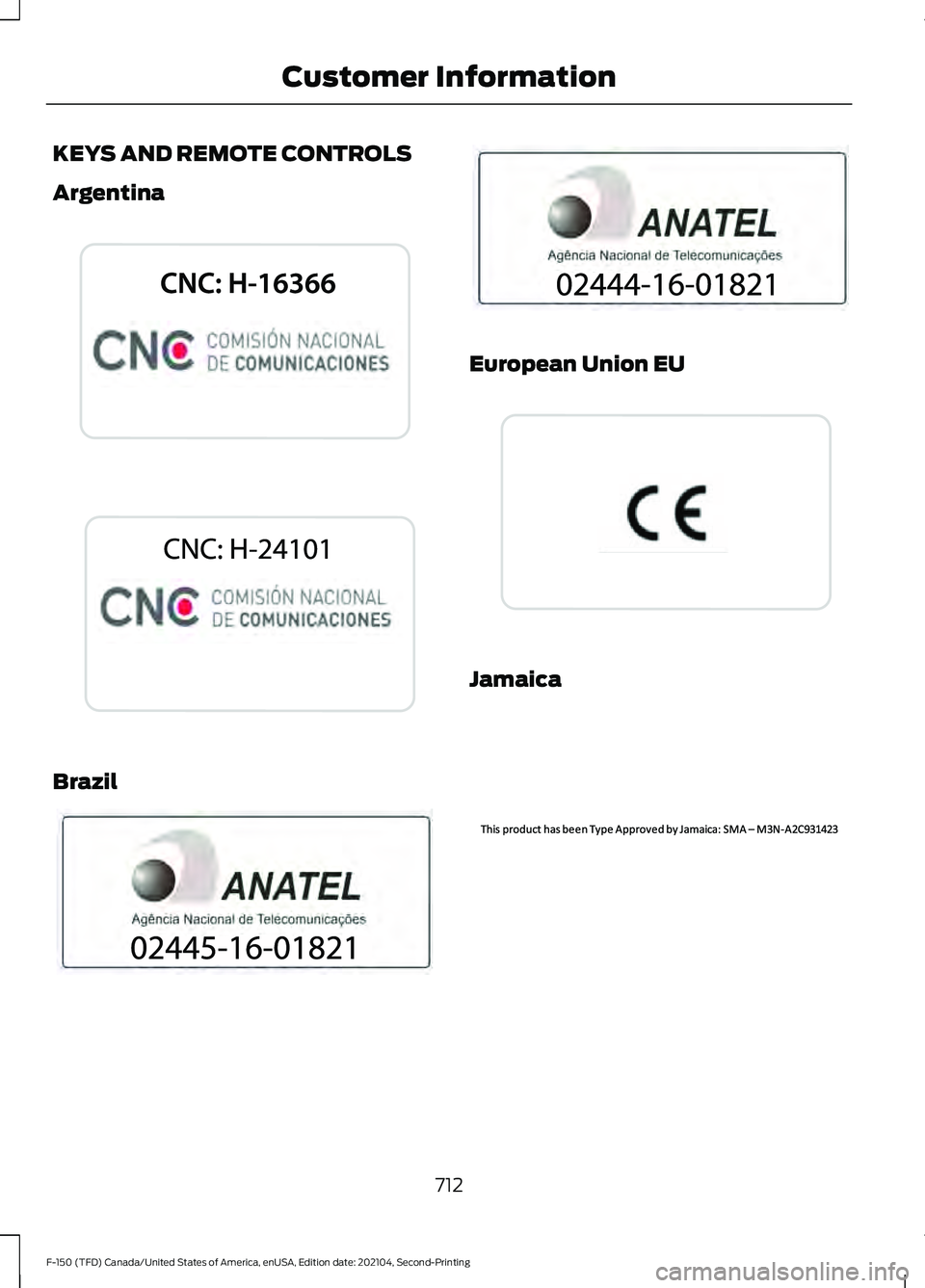 FORD F-150 2021  Owners Manual KEYS AND REMOTE CONTROLS
Argentina
Brazil European Union EU
Jamaica
712
F-150 (TFD) Canada/United States of America, enUSA, Edition date: 202104, Second-Printing Customer InformationE339844  E339842  