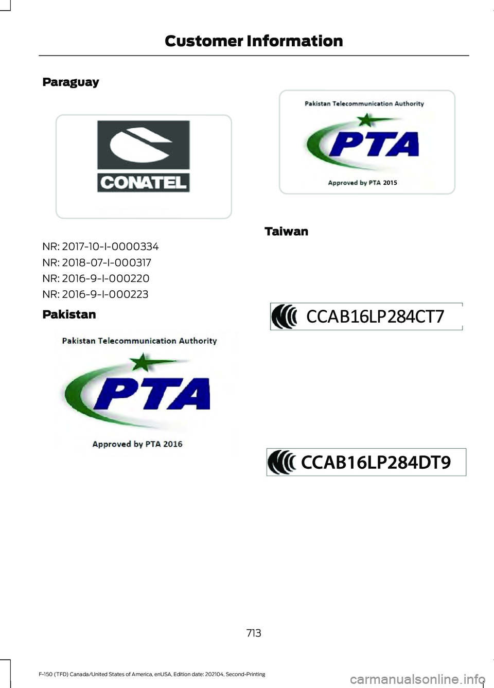 FORD F-150 2021  Owners Manual Paraguay
NR: 2017-10-I-0000334
NR: 2018-07-I-000317
NR: 2016-9-I-000220
NR: 2016-9-I-000223
Pakistan Taiwan
713
F-150 (TFD) Canada/United States of America, enUSA, Edition date: 202104, Second-Printin