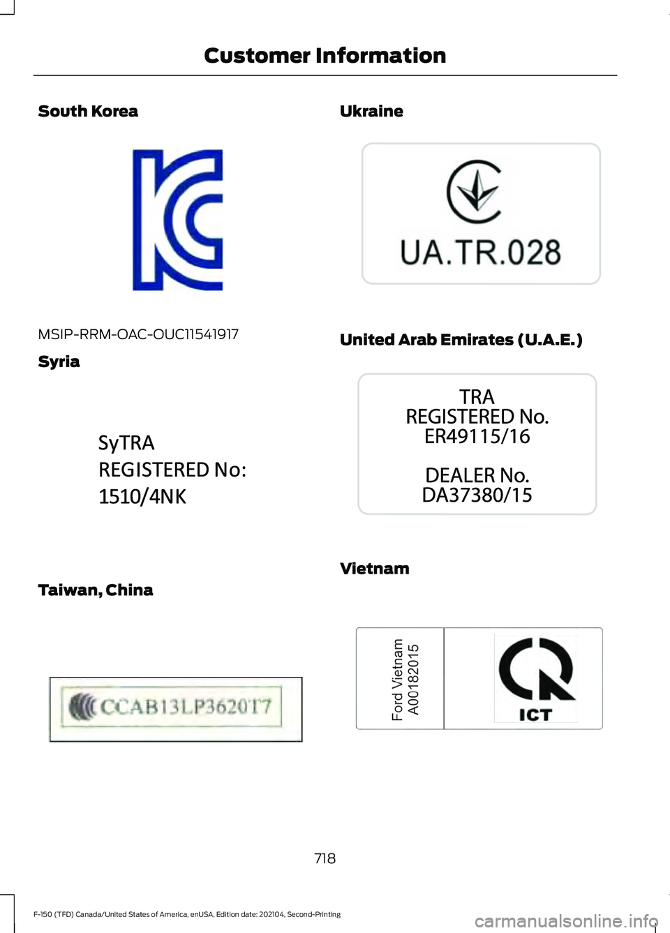 FORD F-150 2021  Owners Manual South Korea
MSIP-RRM-OAC-OUC11541917
Syria
Taiwan, China Ukraine
United Arab Emirates (U.A.E.)
Vietnam
718
F-150 (TFD) Canada/United States of America, enUSA, Edition date: 202104, Second-Printing Cus