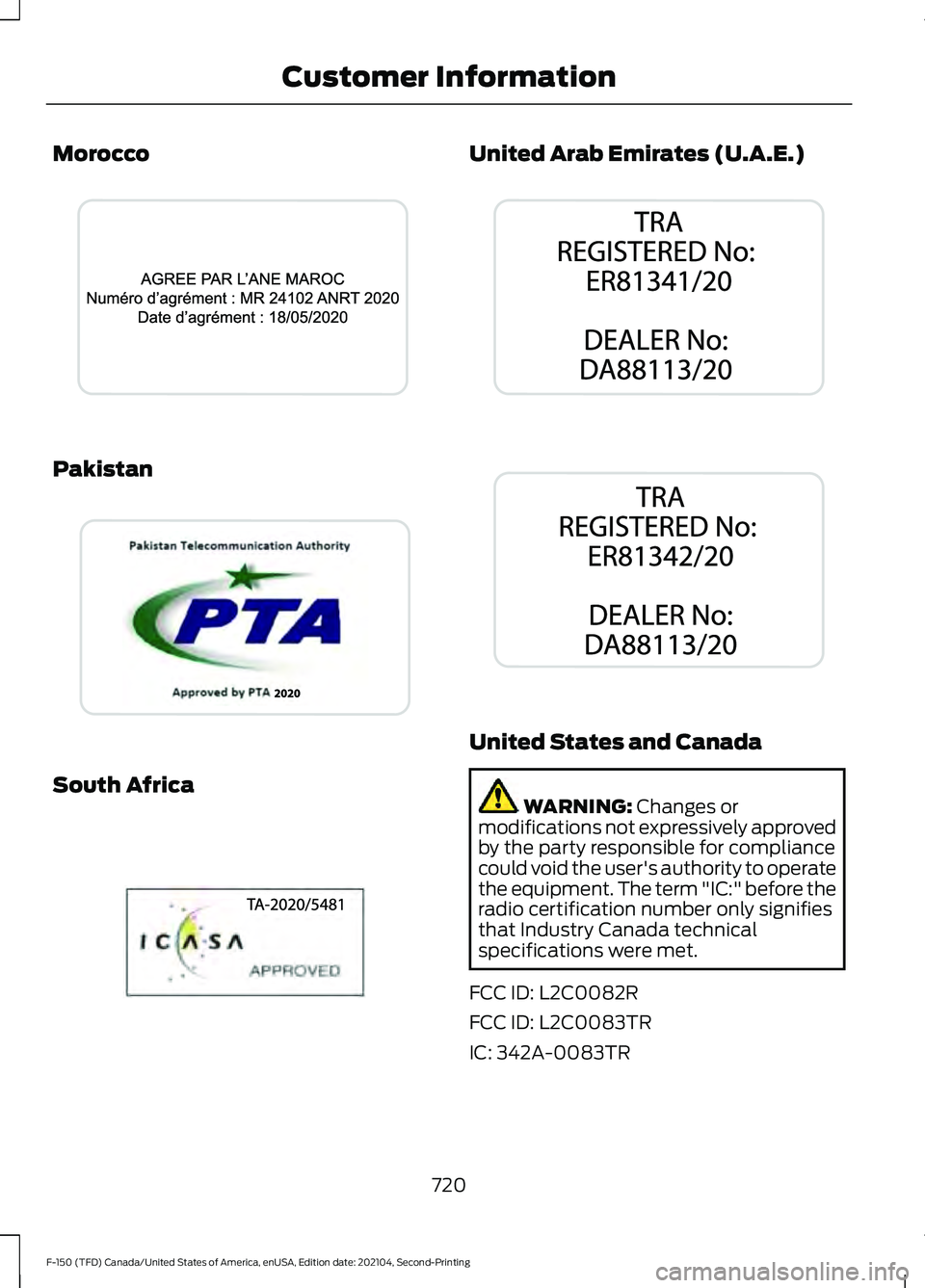 FORD F-150 2021 User Guide Morocco
Pakistan
South Africa United Arab Emirates (U.A.E.)
United States and Canada
WARNING: Changes or
modifications not expressively approved
by the party responsible for compliance
could void the FORD F-150 2021 User Guide Morocco
Pakistan
South Africa United Arab Emirates (U.A.E.)
United States and Canada
WARNING: Changes or
modifications not expressively approved
by the party responsible for compliance
could void the