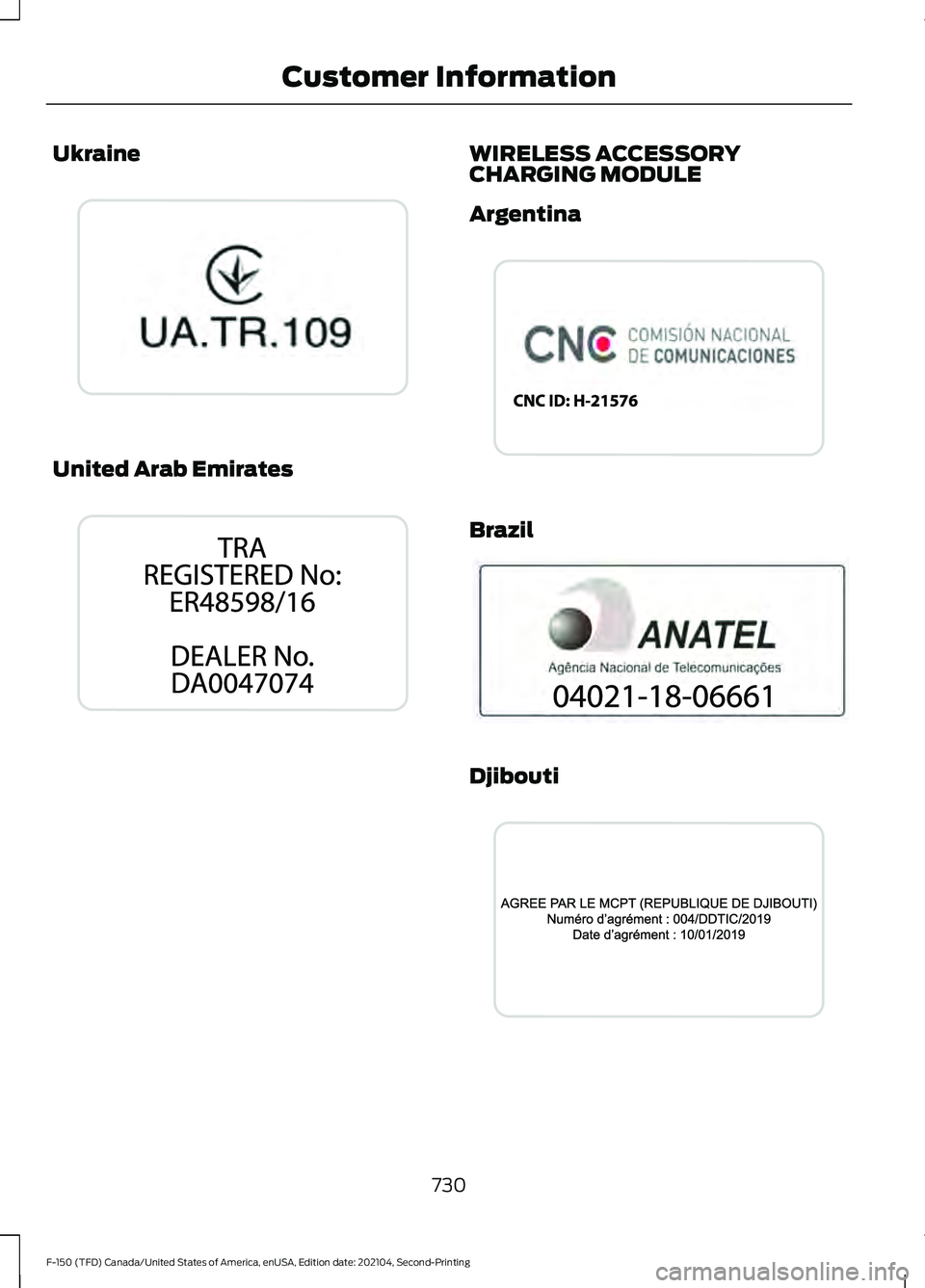 FORD F-150 2021 Owners Manual Ukraine
United Arab Emirates WIRELESS ACCESSORY
CHARGING MODULE
Argentina
Brazil
Djibouti
730
F-150 (TFD) Canada/United States of America, enUSA, Edition date: 202104, Second-Printing Customer Informa FORD F-150 2021 Owners Manual Ukraine
United Arab Emirates WIRELESS ACCESSORY
CHARGING MODULE
Argentina
Brazil
Djibouti
730
F-150 (TFD) Canada/United States of America, enUSA, Edition date: 202104, Second-Printing Customer Informa