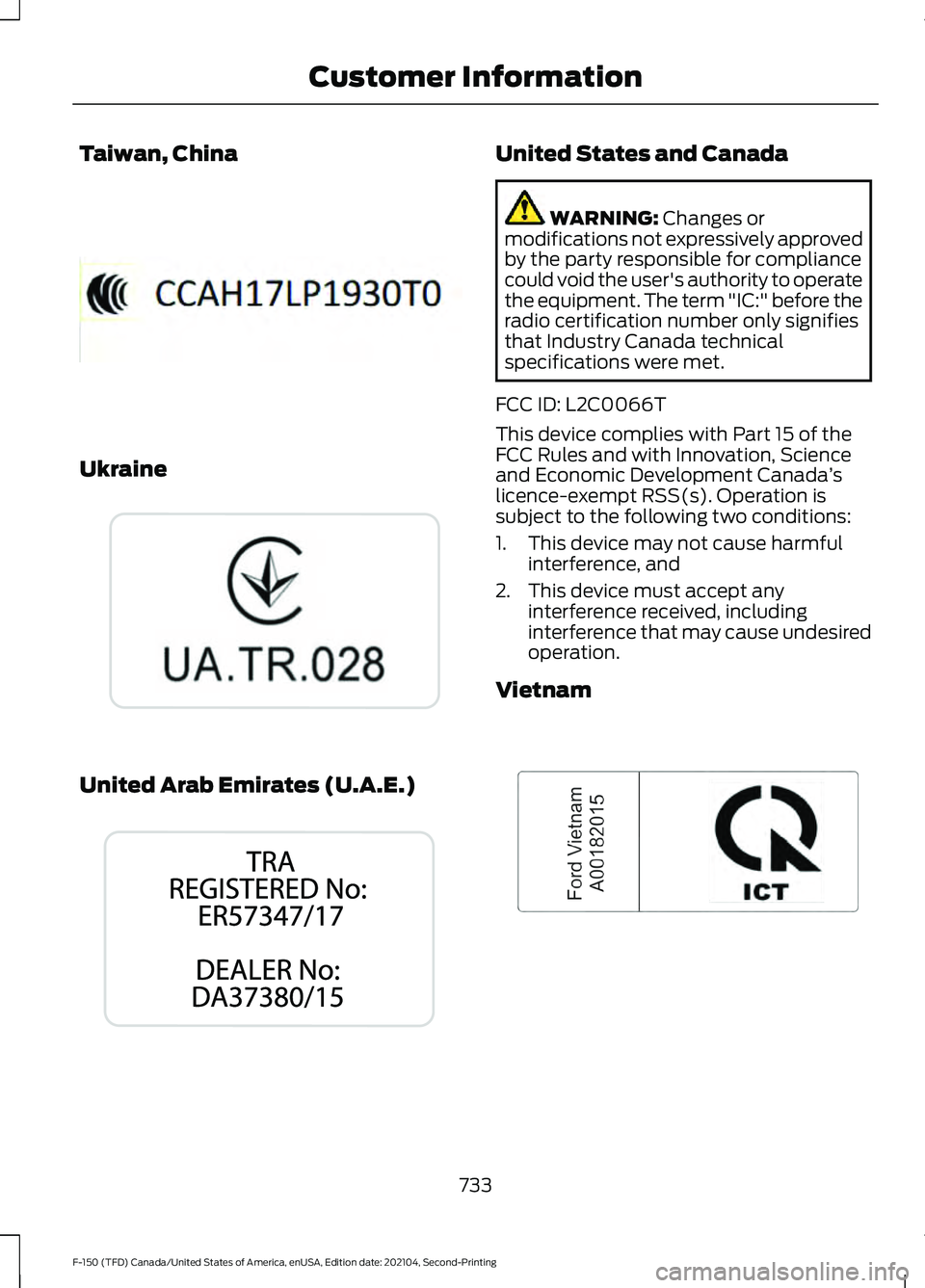 FORD F-150 2021 Owners Manual Taiwan, China
Ukraine
United Arab Emirates (U.A.E.) United States and Canada
WARNING: Changes or
modifications not expressively approved
by the party responsible for compliance
could void the user' FORD F-150 2021 Owners Manual Taiwan, China
Ukraine
United Arab Emirates (U.A.E.) United States and Canada
WARNING: Changes or
modifications not expressively approved
by the party responsible for compliance
could void the user'