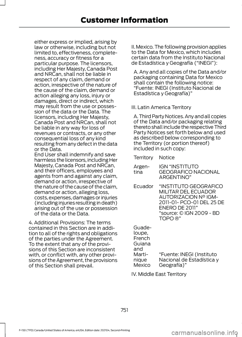 FORD F-150 2021 Owners Manual either express or implied, arising by
law or otherwise, including but not
limited to, effectiveness, complete-
ness, accuracy or fitness for a
particular purpose. The licensors,
including Her Majesty, FORD F-150 2021 Owners Manual either express or implied, arising by
law or otherwise, including but not
limited to, effectiveness, complete-
ness, accuracy or fitness for a
particular purpose. The licensors,
including Her Majesty,