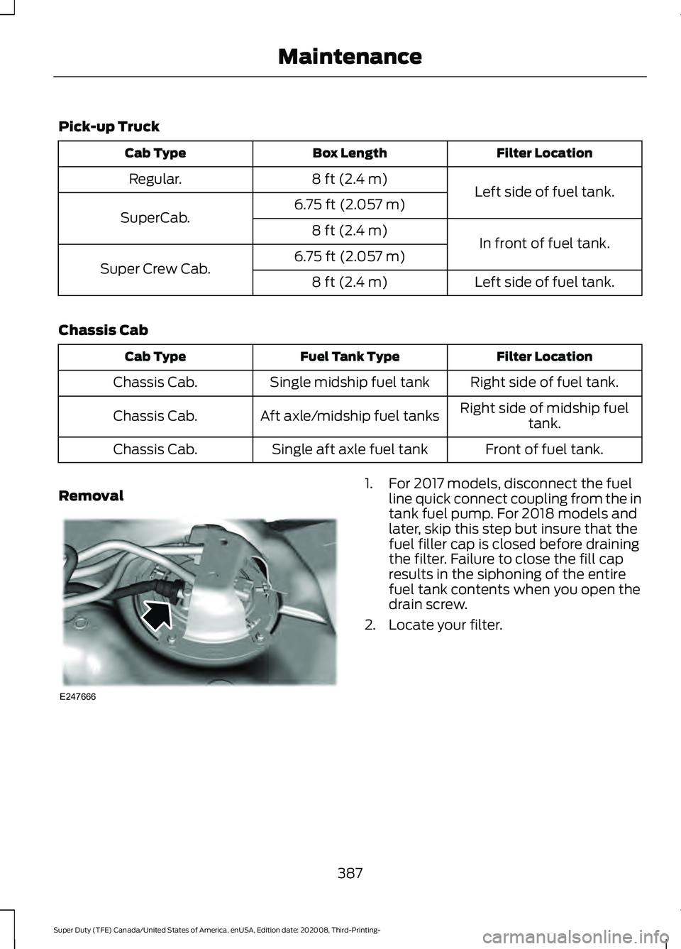 FORD F-250 2021  Owners Manual Pick-up Truck
Filter Location
Box Length
Cab Type
Left side of fuel tank.
8 ft (2.4 m)
Regular.
6.75 ft (2.057 m)
SuperCab.
In front of fuel tank.
8 ft (2.4 m)
6.75 ft (2.057 m)
Super Crew Cab.
Left s