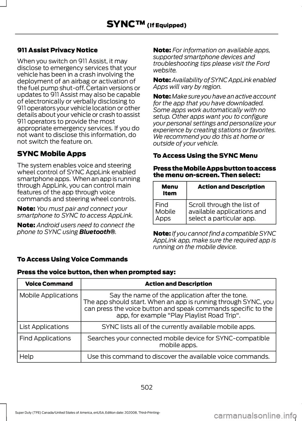 FORD F-250 2021 Owners Manual 911 Assist Privacy Notice
When you switch on 911 Assist, it may
disclose to emergency services that your
vehicle has been in a crash involving the
deployment of an airbag or activation of
the fuel pum FORD F-250 2021 Owners Manual 911 Assist Privacy Notice
When you switch on 911 Assist, it may
disclose to emergency services that your
vehicle has been in a crash involving the
deployment of an airbag or activation of
the fuel pum