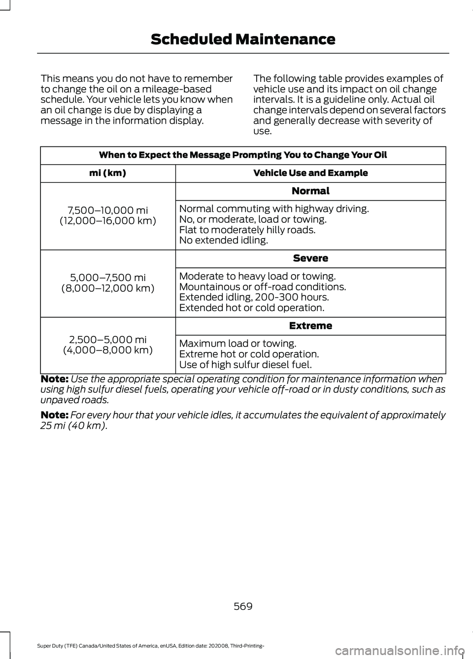 FORD F-250 2021 Owners Manual This means you do not have to remember
to change the oil on a mileage-based
schedule. Your vehicle lets you know when
an oil change is due by displaying a
message in the information display.
The follo FORD F-250 2021 Owners Manual This means you do not have to remember
to change the oil on a mileage-based
schedule. Your vehicle lets you know when
an oil change is due by displaying a
message in the information display.
The follo
