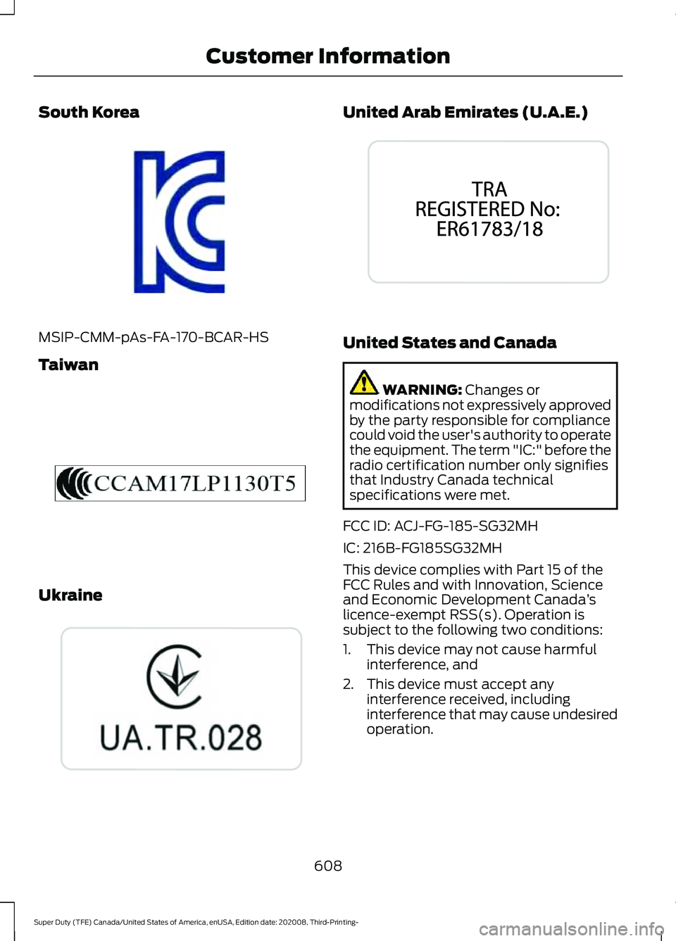 FORD F-250 2021  Owners Manual South Korea
MSIP-CMM-pAs-FA-170-BCAR-HS
Taiwan
Ukraine United Arab Emirates (U.A.E.)
United States and Canada
WARNING: Changes or
modifications not expressively approved
by the party responsible for c