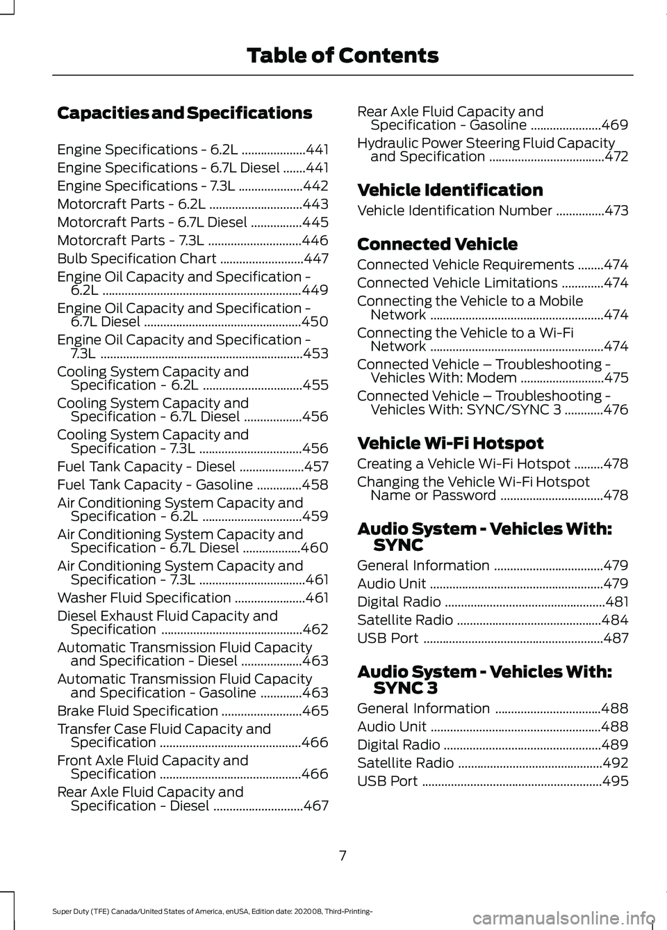 FORD F-250 2021  Owners Manual Capacities and Specifications
Engine Specifications - 6.2L
....................441
Engine Specifications - 6.7L Diesel .......
441
Engine Specifications - 7.3L ....................
442
Motorcraft Part