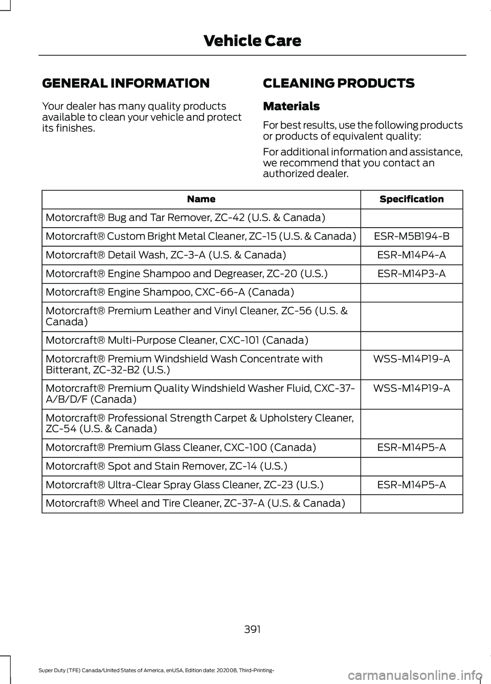 FORD F-350 2021  Owners Manual GENERAL INFORMATION
Your dealer has many quality products
available to clean your vehicle and protect
its finishes.
CLEANING PRODUCTS
Materials
For best results, use the following products
or products