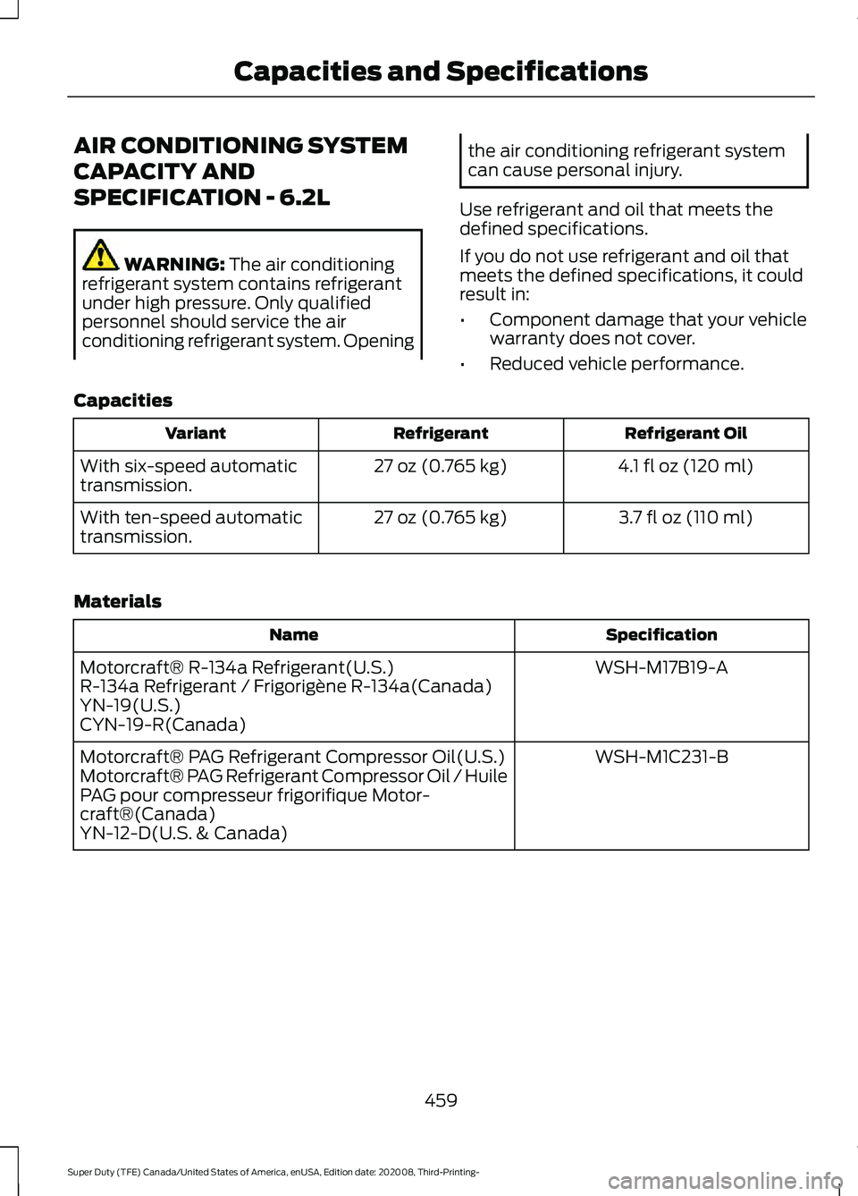 FORD F-350 2021 Owners Manual AIR CONDITIONING SYSTEM
CAPACITY AND
SPECIFICATION - 6.2L
WARNING: The air conditioning
refrigerant system contains refrigerant
under high pressure. Only qualified
personnel should service the air
con FORD F-350 2021 Owners Manual AIR CONDITIONING SYSTEM
CAPACITY AND
SPECIFICATION - 6.2L
WARNING: The air conditioning
refrigerant system contains refrigerant
under high pressure. Only qualified
personnel should service the air
con