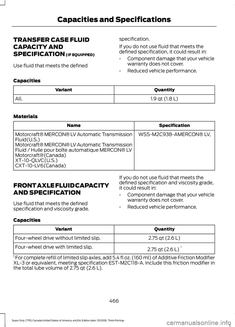 FORD F-350 2021 Owners Manual TRANSFER CASE FLUID
CAPACITY AND
SPECIFICATION (IF EQUIPPED)
Use fluid that meets the defined specification.
If you do not use fluid that meets the
defined specification, it could result in:
•
Compo FORD F-350 2021 Owners Manual TRANSFER CASE FLUID
CAPACITY AND
SPECIFICATION (IF EQUIPPED)
Use fluid that meets the defined specification.
If you do not use fluid that meets the
defined specification, it could result in:
•
Compo