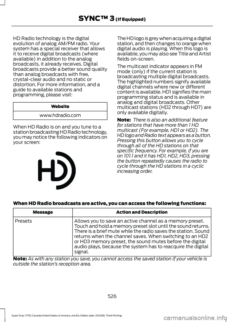 FORD F-350 2021 Owners Manual HD Radio technology is the digital
evolution of analog AM/FM radio. Your
system has a special receiver that allows
it to receive digital broadcasts (where
available) in addition to the analog
broadcas FORD F-350 2021 Owners Manual HD Radio technology is the digital
evolution of analog AM/FM radio. Your
system has a special receiver that allows
it to receive digital broadcasts (where
available) in addition to the analog
broadcas