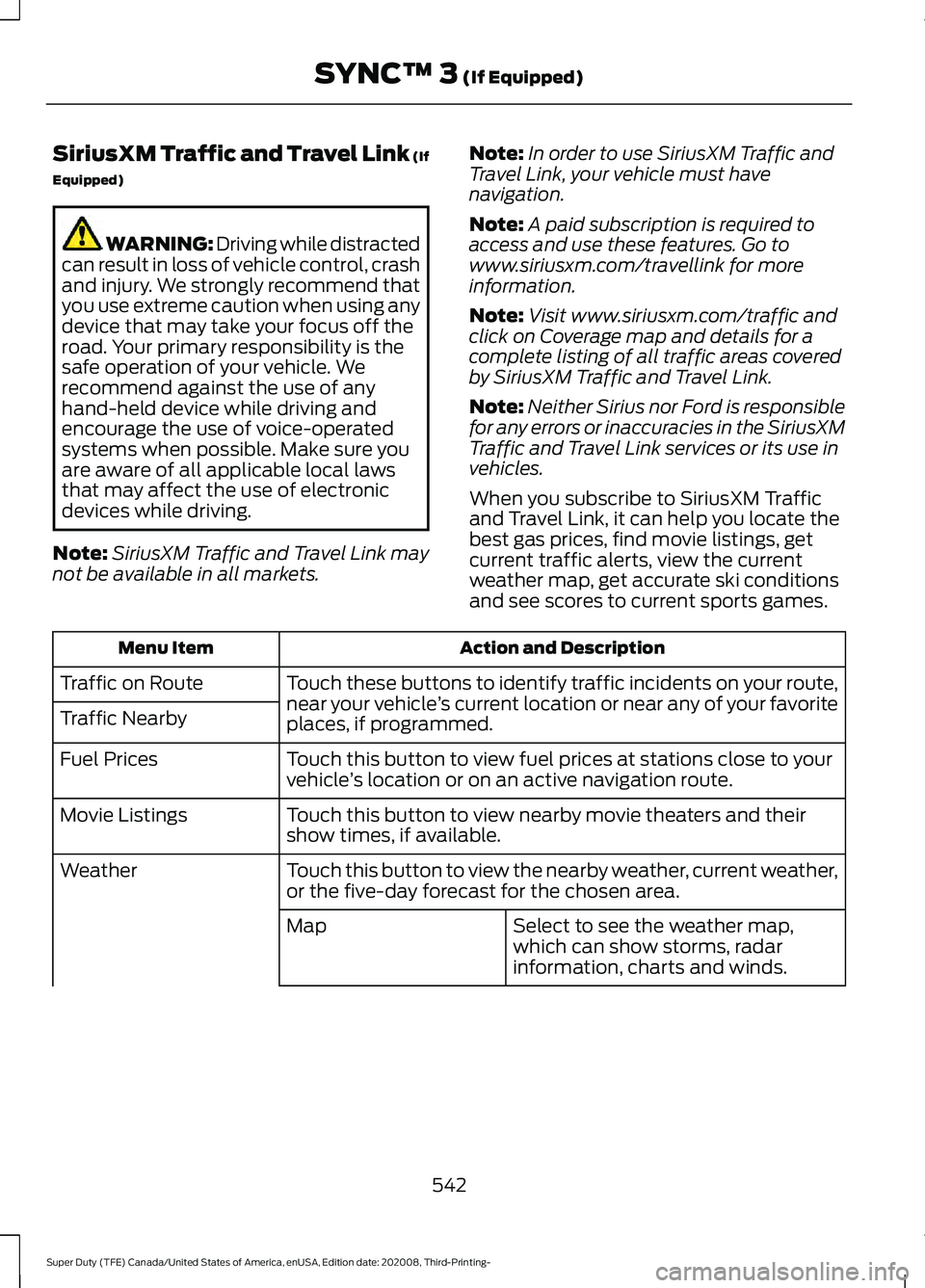 FORD F-350 2021 Owners Manual SiriusXM Traffic and Travel Link (If
Equipped)
WARNING: Driving while distracted
can result in loss of vehicle control, crash
and injury. We strongly recommend that
you use extreme caution when using FORD F-350 2021 Owners Manual SiriusXM Traffic and Travel Link (If
Equipped)
WARNING: Driving while distracted
can result in loss of vehicle control, crash
and injury. We strongly recommend that
you use extreme caution when using