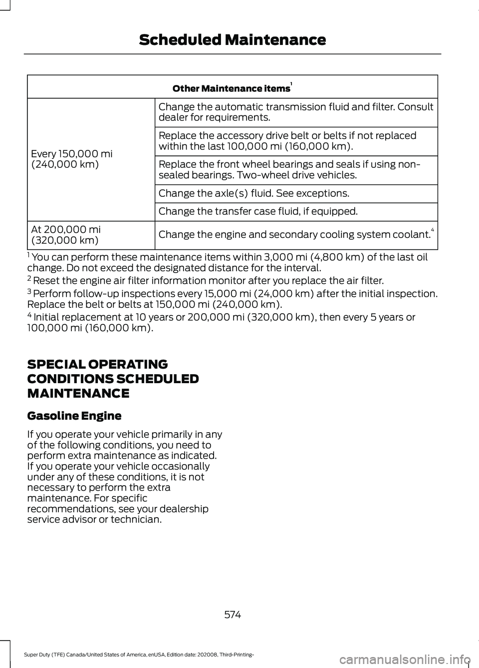 FORD F-350 2021 Owners Manual Other Maintenance items
1
Change the automatic transmission fluid and filter. Consult
dealer for requirements.
Every 150,000 mi
(240,000 km) Replace the accessory drive belt or belts if not replaced
w FORD F-350 2021 Owners Manual Other Maintenance items
1
Change the automatic transmission fluid and filter. Consult
dealer for requirements.
Every 150,000 mi
(240,000 km) Replace the accessory drive belt or belts if not replaced
w