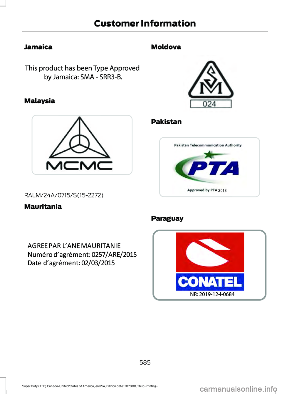 FORD F-350 2021 Owners Manual Jamaica
Malaysia
RALM/24A/0715/S(15-2272)
Mauritania Moldova
Pakistan
Paraguay
585
Super Duty (TFE) Canada/United States of America, enUSA, Edition date: 202008, Third-Printing- Customer InformationE3 FORD F-350 2021 Owners Manual Jamaica
Malaysia
RALM/24A/0715/S(15-2272)
Mauritania Moldova
Pakistan
Paraguay
585
Super Duty (TFE) Canada/United States of America, enUSA, Edition date: 202008, Third-Printing- Customer InformationE3