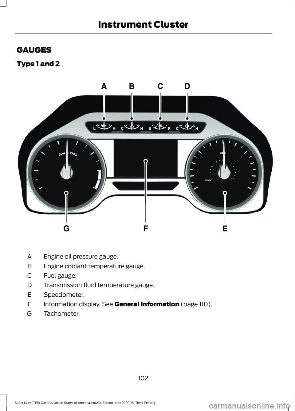 FORD F-450 2021 Owners Manual GAUGES
Type 1 and 2
Engine oil pressure gauge.
A
Engine coolant temperature gauge.
B
Fuel gauge.
C
Transmission fluid temperature gauge.
D
Speedometer.
E
Information display. See General Information ( FORD F-450 2021 Owners Manual GAUGES
Type 1 and 2
Engine oil pressure gauge.
A
Engine coolant temperature gauge.
B
Fuel gauge.
C
Transmission fluid temperature gauge.
D
Speedometer.
E
Information display. See General Information (