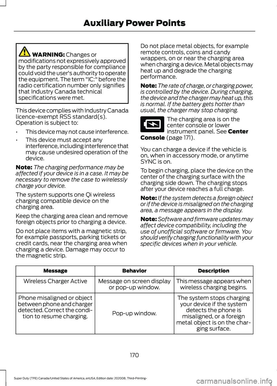 FORD F-450 2021  Owners Manual WARNING: Changes or
modifications not expressively approved
by the party responsible for compliance
could void the user's authority to operate
the equipment. The term "IC:" before the
radi