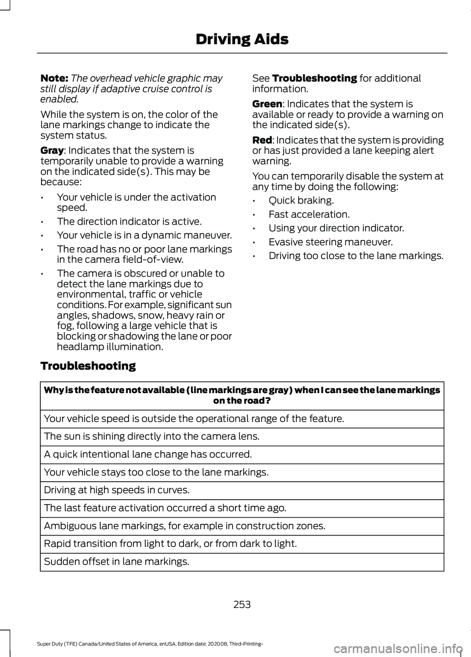 FORD F-450 2021 Service Manual Note:
The overhead vehicle graphic may
still display if adaptive cruise control is
enabled.
While the system is on, the color of the
lane markings change to indicate the
system status.
Gray: Indicates