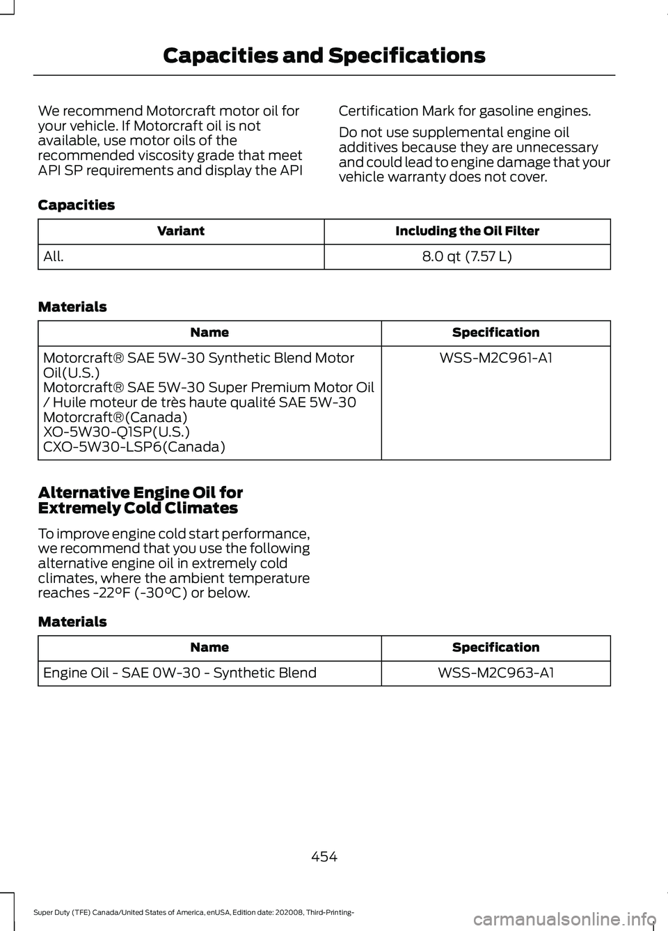 FORD F-450 2021 Owners Manual We recommend Motorcraft motor oil for
your vehicle. If Motorcraft oil is not
available, use motor oils of the
recommended viscosity grade that meet
API SP requirements and display the API
Certificatio FORD F-450 2021 Owners Manual We recommend Motorcraft motor oil for
your vehicle. If Motorcraft oil is not
available, use motor oils of the
recommended viscosity grade that meet
API SP requirements and display the API
Certificatio