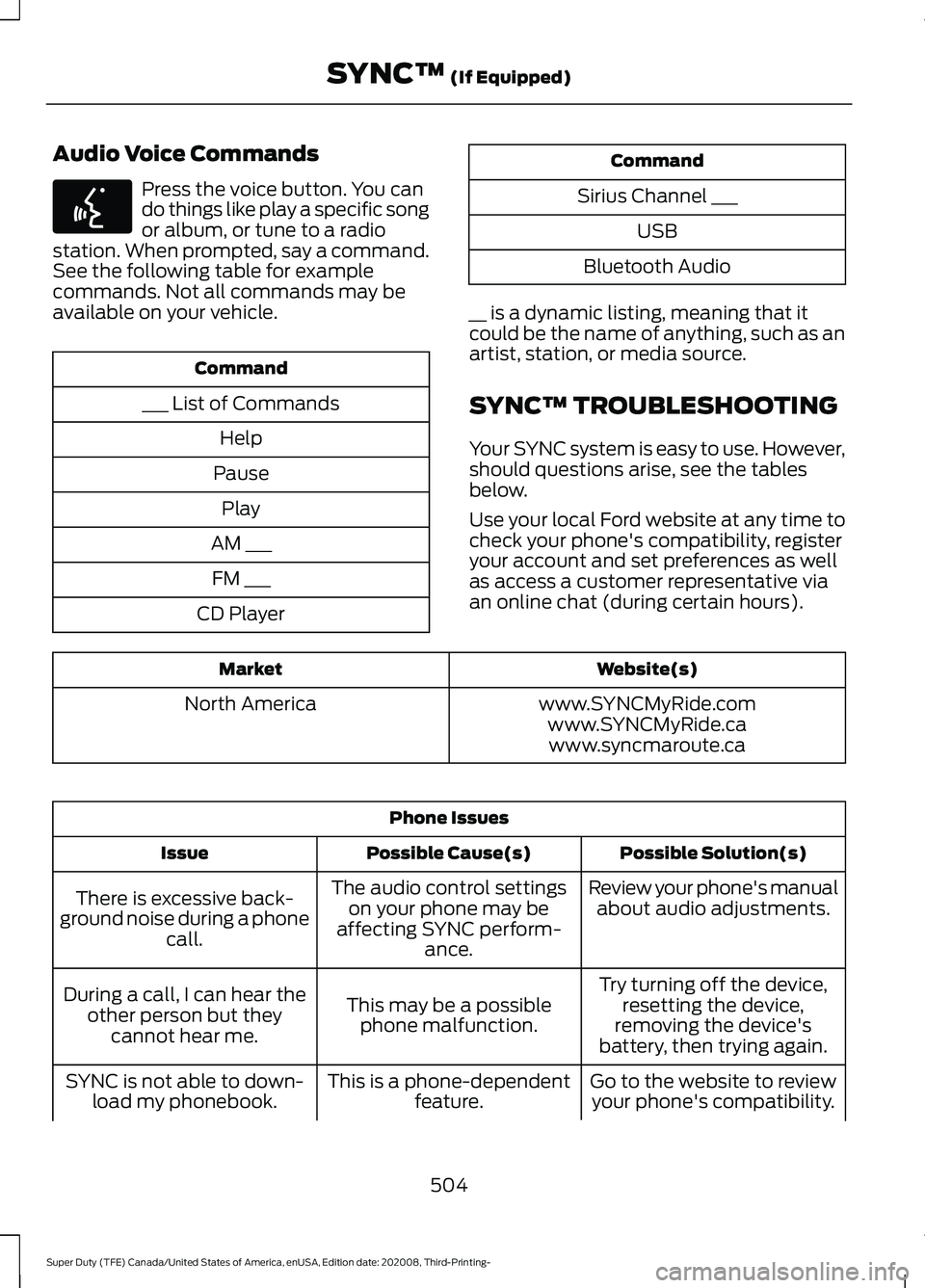 FORD F-450 2021  Owners Manual Audio Voice Commands
Press the voice button. You can
do things like play a specific song
or album, or tune to a radio
station. When prompted, say a command.
See the following table for example
command