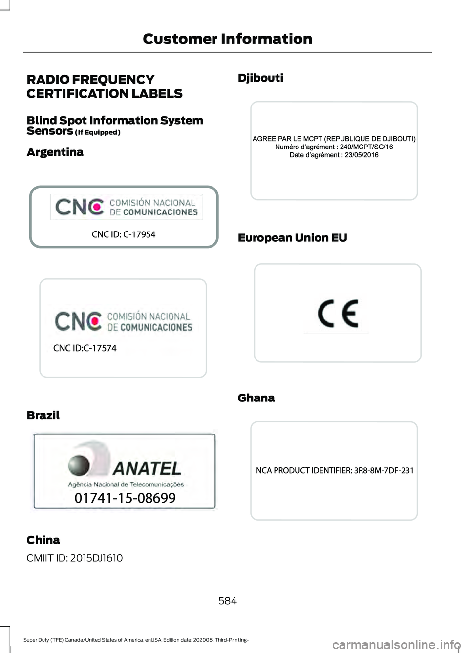 FORD F-450 2021 Repair Manual RADIO FREQUENCY
CERTIFICATION LABELS
Blind Spot Information System
Sensors (If Equipped)
Argentina Brazil
China
CMIIT ID: 2015DJ1610 Djibouti
European Union EU
Ghana
584
Super Duty (TFE) Canada/United FORD F-450 2021 Repair Manual RADIO FREQUENCY
CERTIFICATION LABELS
Blind Spot Information System
Sensors (If Equipped)
Argentina Brazil
China
CMIIT ID: 2015DJ1610 Djibouti
European Union EU
Ghana
584
Super Duty (TFE) Canada/United