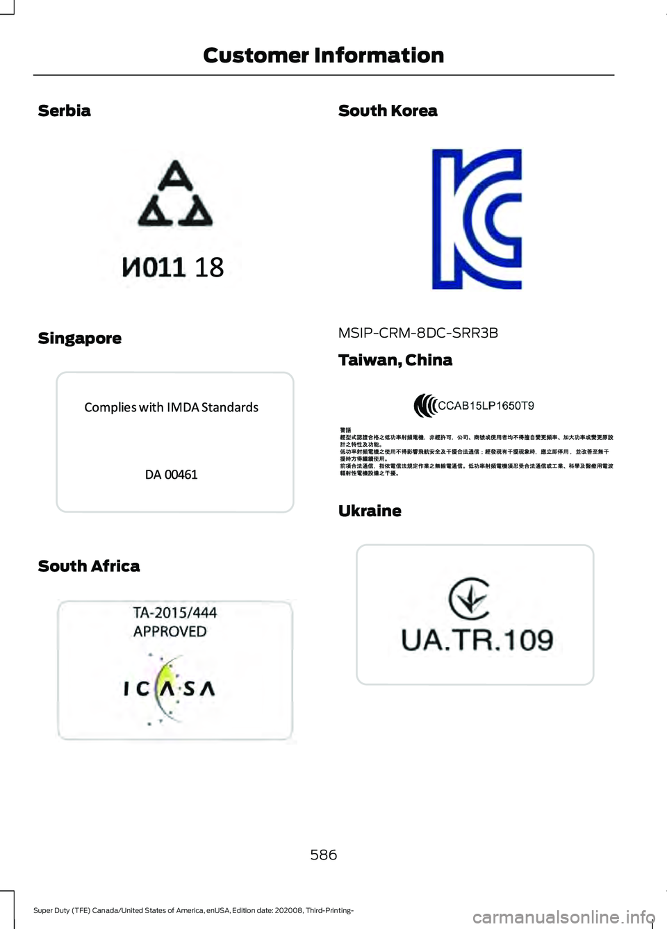 FORD F-450 2021 Owners Manual Serbia
Singapore
South Africa South Korea
MSIP-CRM-8DC-SRR3B
Taiwan, China
Ukraine
586
Super Duty (TFE) Canada/United States of America, enUSA, Edition date: 202008, Third-Printing- Customer Informati FORD F-450 2021 Owners Manual Serbia
Singapore
South Africa South Korea
MSIP-CRM-8DC-SRR3B
Taiwan, China
Ukraine
586
Super Duty (TFE) Canada/United States of America, enUSA, Edition date: 202008, Third-Printing- Customer Informati