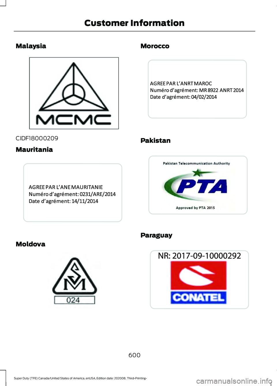 FORD F-450 2021  Owners Manual Malaysia
CIDF18000209
Mauritania
Moldova Morocco
Pakistan
Paraguay
600
Super Duty (TFE) Canada/United States of America, enUSA, Edition date: 202008, Third-Printing- Customer InformationE339836  E3399