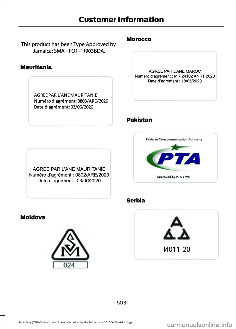 FORD F-450 2021  Owners Manual Mauritania
Moldova Morocco
Pakistan
Serbia
603
Super Duty (TFE) Canada/United States of America, enUSA, Edition date: 202008, Third-Printing- Customer InformationE340197  E340530  E340531  E337971  E3