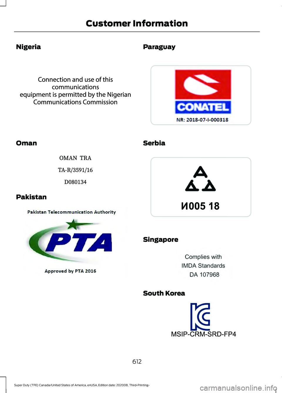 FORD F-450 2021  Owners Manual Nigeria
Oman
Pakistan Paraguay
Serbia
Singapore
South Korea
612
Super Duty (TFE) Canada/United States of America, enUSA, Edition date: 202008, Third-Printing- Customer InformationE337972  E337973  E33