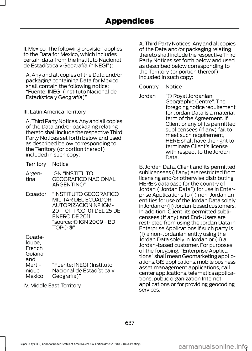 FORD F-450 2021 Owners Manual II. Mexico. The following provision applies
to the Data for Mexico, which includes
certain data from the Instituto Nacional
de Estadística y Geografía (“INEGI”):
A. Any and all copies of the Dat FORD F-450 2021 Owners Manual II. Mexico. The following provision applies
to the Data for Mexico, which includes
certain data from the Instituto Nacional
de Estadística y Geografía (“INEGI”):
A. Any and all copies of the Dat