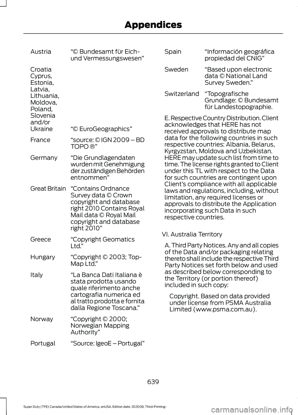 FORD F-450 2021 Owners Manual “© Bundesamt für Eich-
und Vermessungswesen
”
Austria
“© EuroGeographics”
Croatia
Cyprus,
Estonia,
Latvia,
Lithuania,
Moldova,
Poland,
Slovenia
and/or
Ukraine
“source: © IGN 2009 – BD
FORD F-450 2021 Owners Manual “© Bundesamt für Eich-
und Vermessungswesen
”
Austria
“© EuroGeographics”
Croatia
Cyprus,
Estonia,
Latvia,
Lithuania,
Moldova,
Poland,
Slovenia
and/or
Ukraine
“source: © IGN 2009 – BD