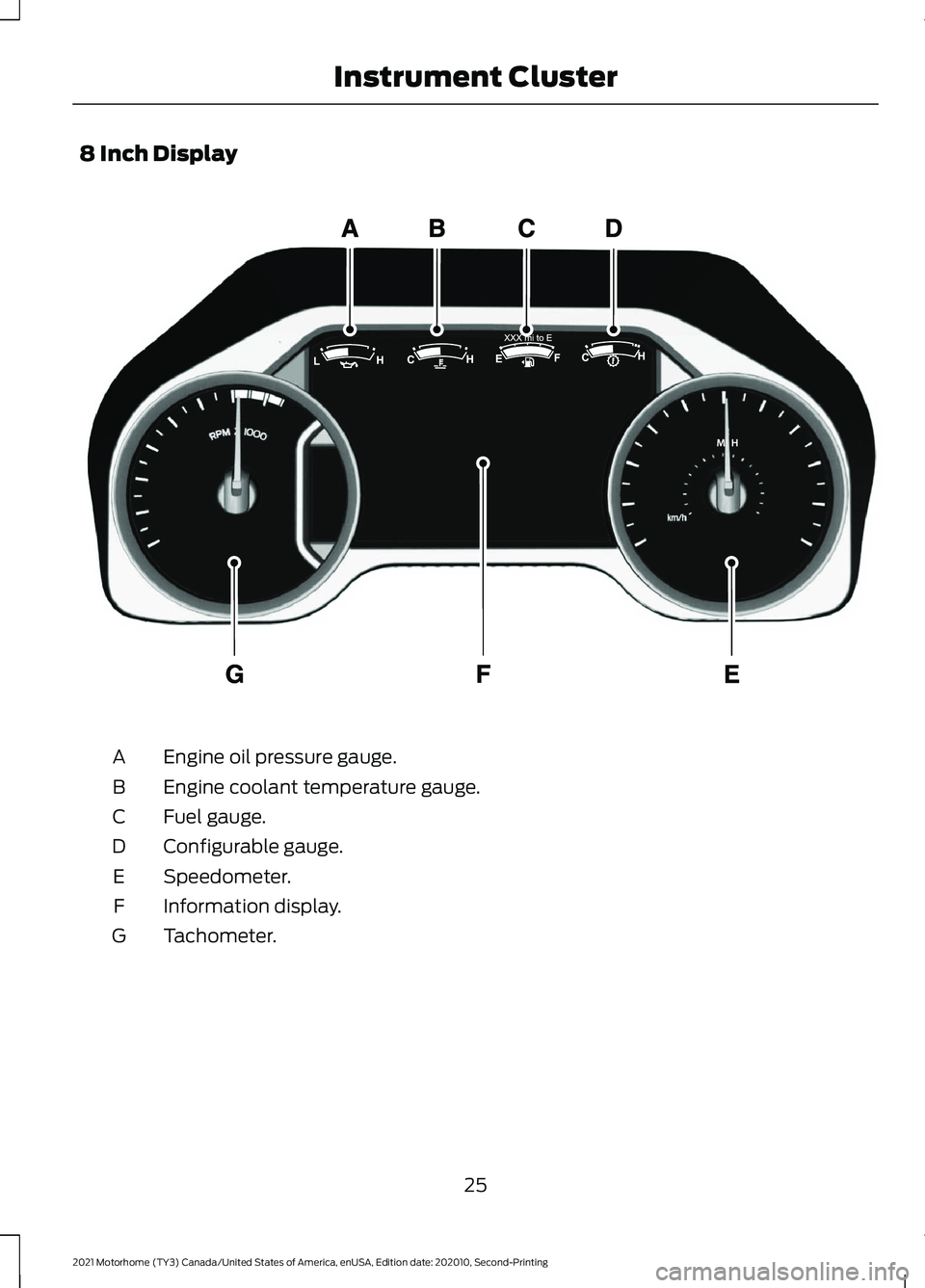FORD F-53 2021  Owners Manual 8 Inch Display
Engine oil pressure gauge.
A
Engine coolant temperature gauge.
B
Fuel gauge.
C
Configurable gauge.
D
Speedometer.
E
Information display.
F
Tachometer.
G
25
2021 Motorhome (TY3) Canada/U