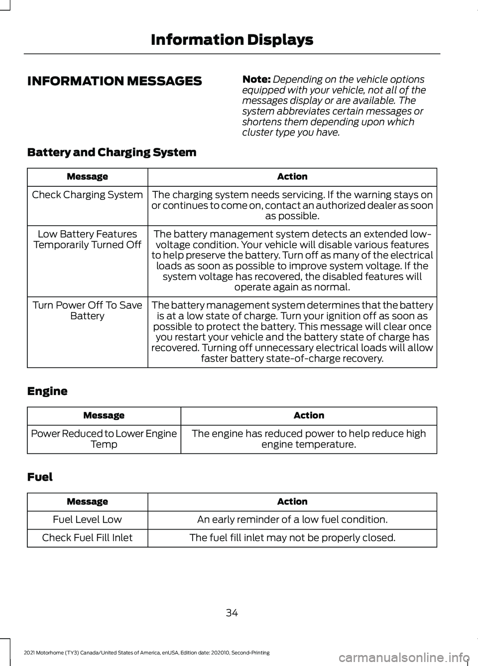 FORD F-53 2021 Owners Manual INFORMATION MESSAGES
Note:
Depending on the vehicle options
equipped with your vehicle, not all of the
messages display or are available. The
system abbreviates certain messages or
shortens them depen FORD F-53 2021 Owners Manual INFORMATION MESSAGES
Note:
Depending on the vehicle options
equipped with your vehicle, not all of the
messages display or are available. The
system abbreviates certain messages or
shortens them depen