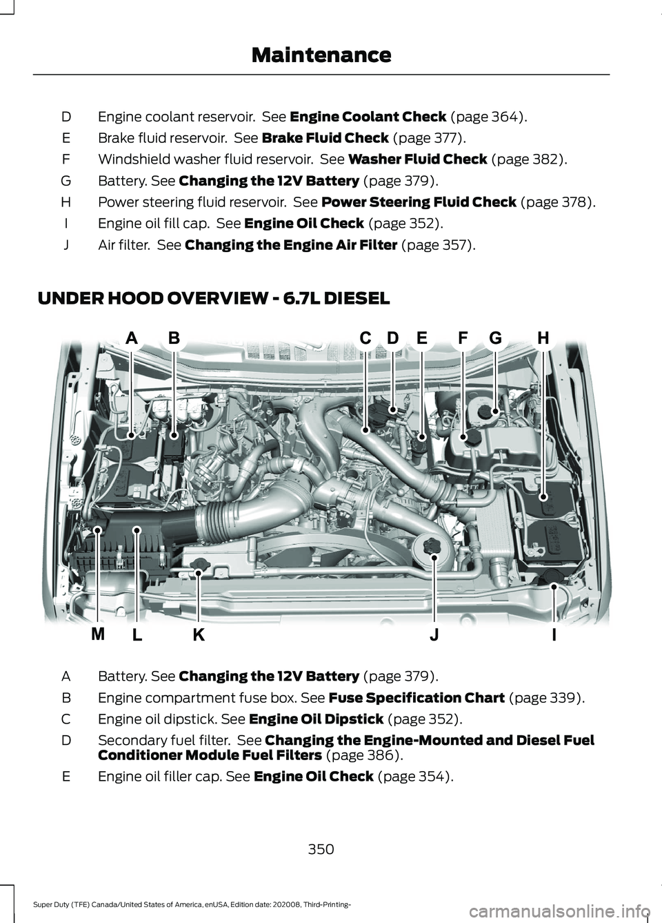 FORD F-550 2021 Owners Guide Engine coolant reservoir. See Engine Coolant Check (page 364).
D
Brake fluid reservoir. See
Brake Fluid Check (page 377).
E
Windshield washer fluid reservoir. See
Washer Fluid Check (page 382).
F FORD F-550 2021 Owners Guide Engine coolant reservoir. See Engine Coolant Check (page 364).
D
Brake fluid reservoir. See
Brake Fluid Check (page 377).
E
Windshield washer fluid reservoir. See
Washer Fluid Check (page 382).
F