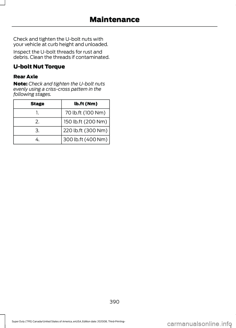 FORD F-550 2021 Owners Manual Check and tighten the U-bolt nuts with
your vehicle at curb height and unloaded.
Inspect the U-bolt threads for rust and
debris. Clean the threads if contaminated.
U-bolt Nut Torque
Rear Axle
Note:
Ch FORD F-550 2021 Owners Manual Check and tighten the U-bolt nuts with
your vehicle at curb height and unloaded.
Inspect the U-bolt threads for rust and
debris. Clean the threads if contaminated.
U-bolt Nut Torque
Rear Axle
Note:
Ch