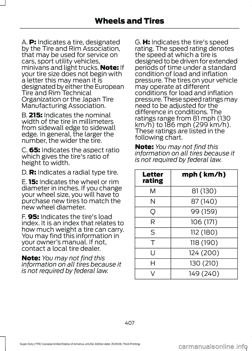 FORD F-550 2021  Owners Manual A.
P: Indicates a tire, designated
by the Tire and Rim Association,
that may be used for service on
cars, sport utility vehicles,
minivans and light trucks. Note:
 If
your tire size does not begin wit